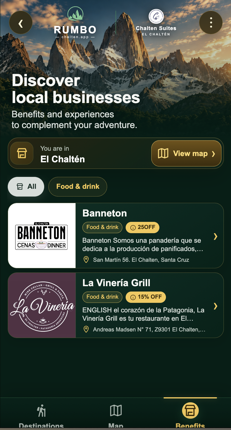 Pantalla real de comercios y beneficios locales de la app