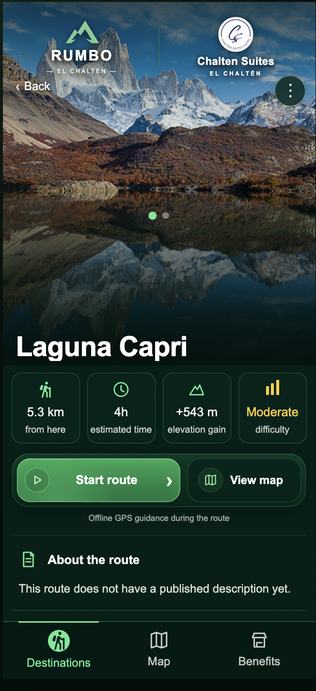 Captura real de Laguna Capri: distancia, duración, desnivel y acceso al mapa del sendero