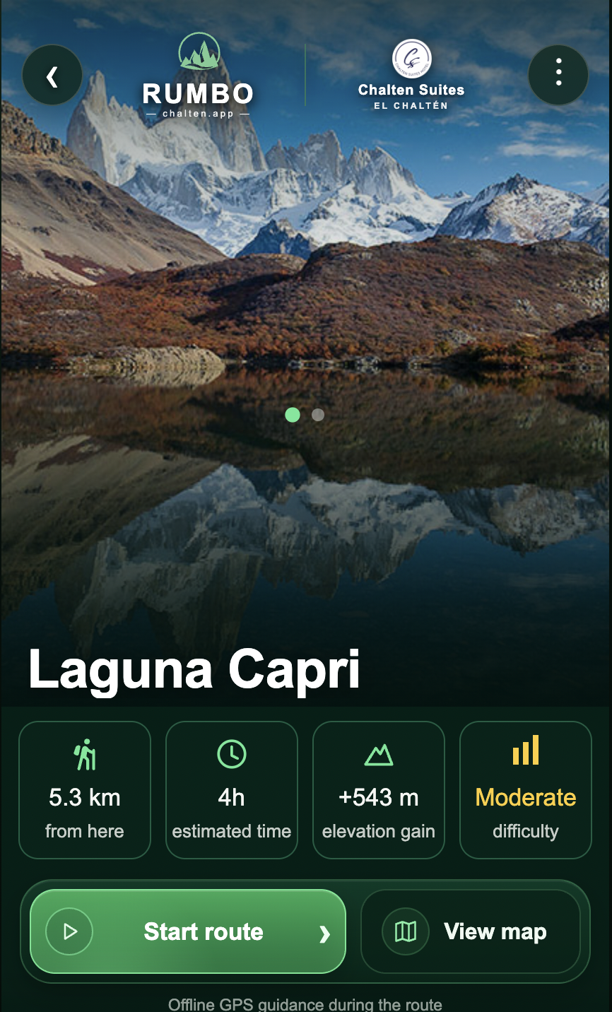 Pantalla actualizada de Laguna Capri con distancia, duración, desnivel y acceso a la ruta