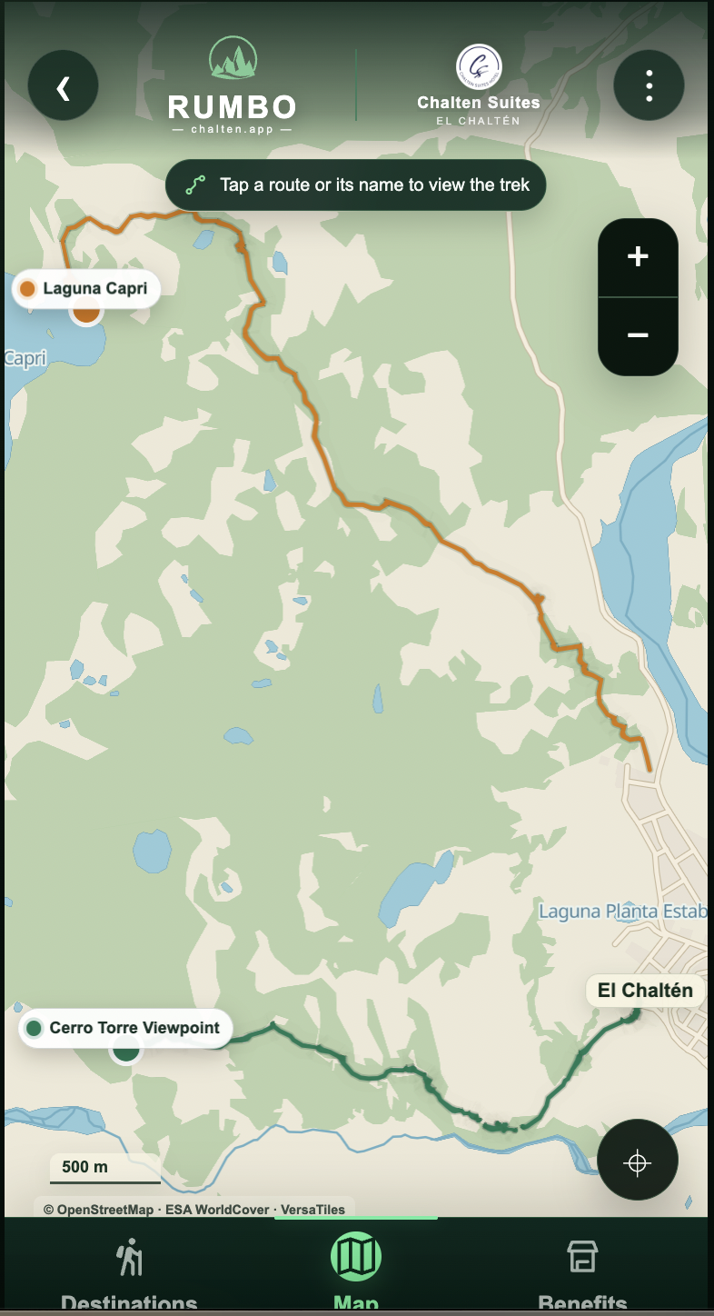 Mapa de la app actualizado con los senderos de Laguna Capri y Cerro Torre