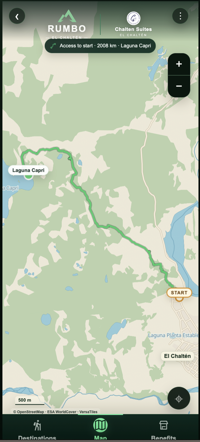 Mapa real de la app con el recorrido entre El Chaltén y Laguna Capri